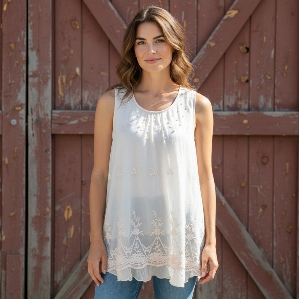Embroidered Tunic with Faux Pearl And Lace details